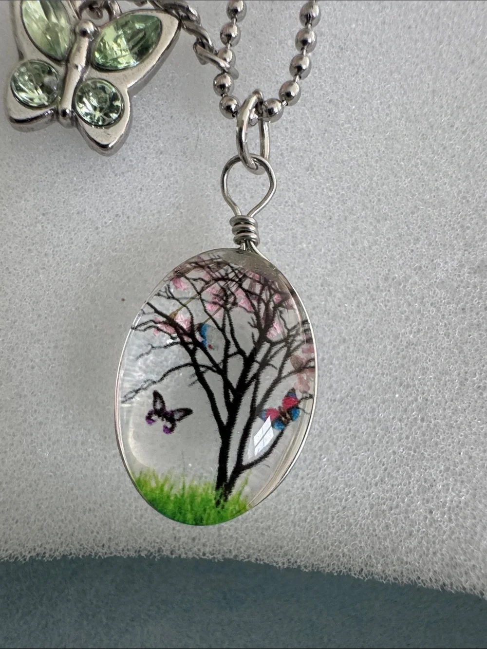 Silver-Tone Pink & Green Butterfly Pendant Necklace with Pink Rose Charm